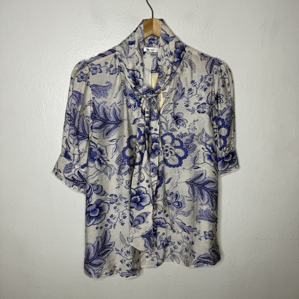 New John Paul Richard White Blue Neck Tie Floral Blouse Top Women's Large